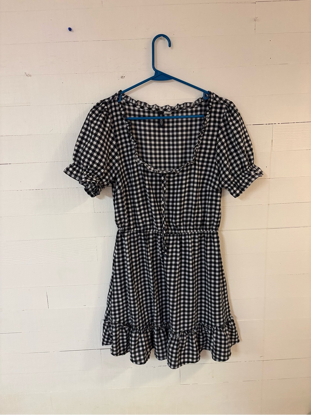 H&M Divided Gingham Ruffle Puff Sleeve Mini Dress Black White Size 10